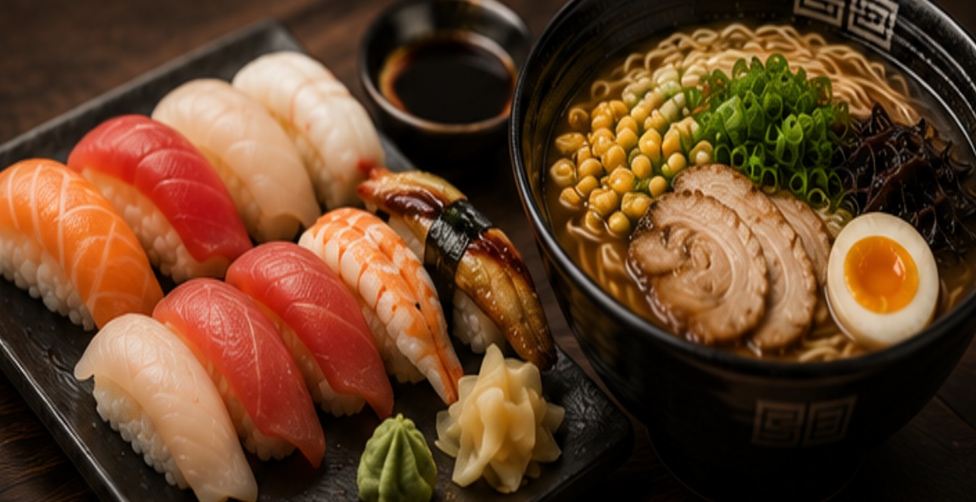 Nigiri sushi and ramen